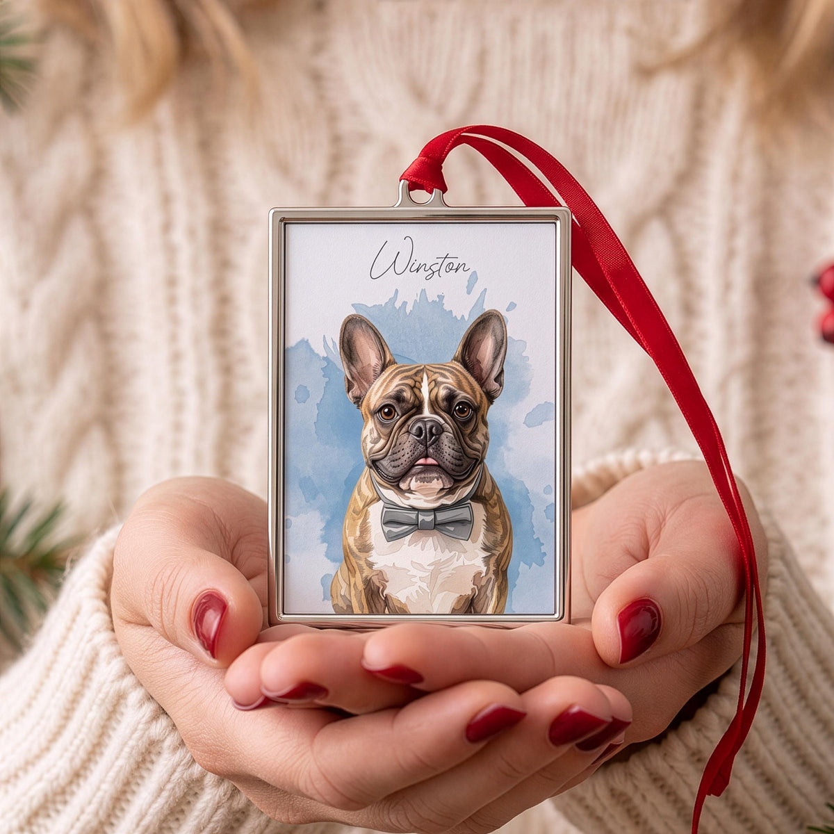 Custom Pet Portrait Ornament, Watercolor Silver Frame, 3.5×2.30in