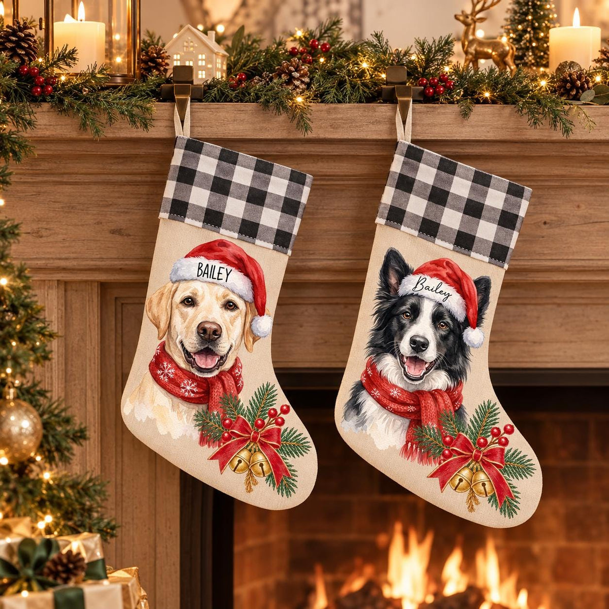 Personalized Pet Stocking, Watercolor Dog And Cat Portrait, Linen