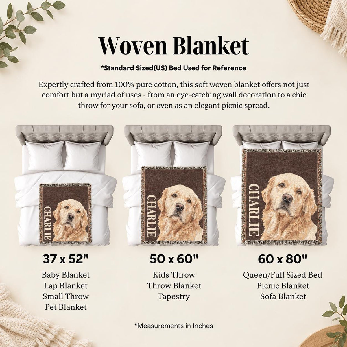 Custom Pet Photo Blanket, Woven Cotton Throw 50x60, Memorial Gift