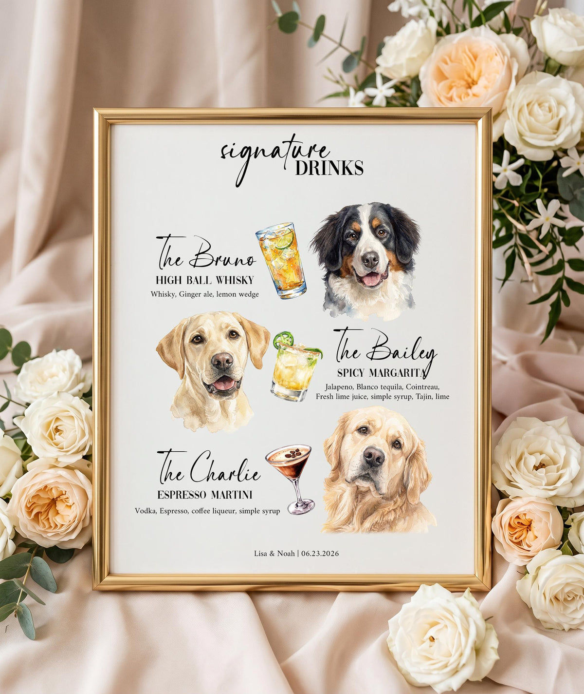 Custom Pet Drink Sign, Watercolour Wedding Bar Plaque, Oak Stand.