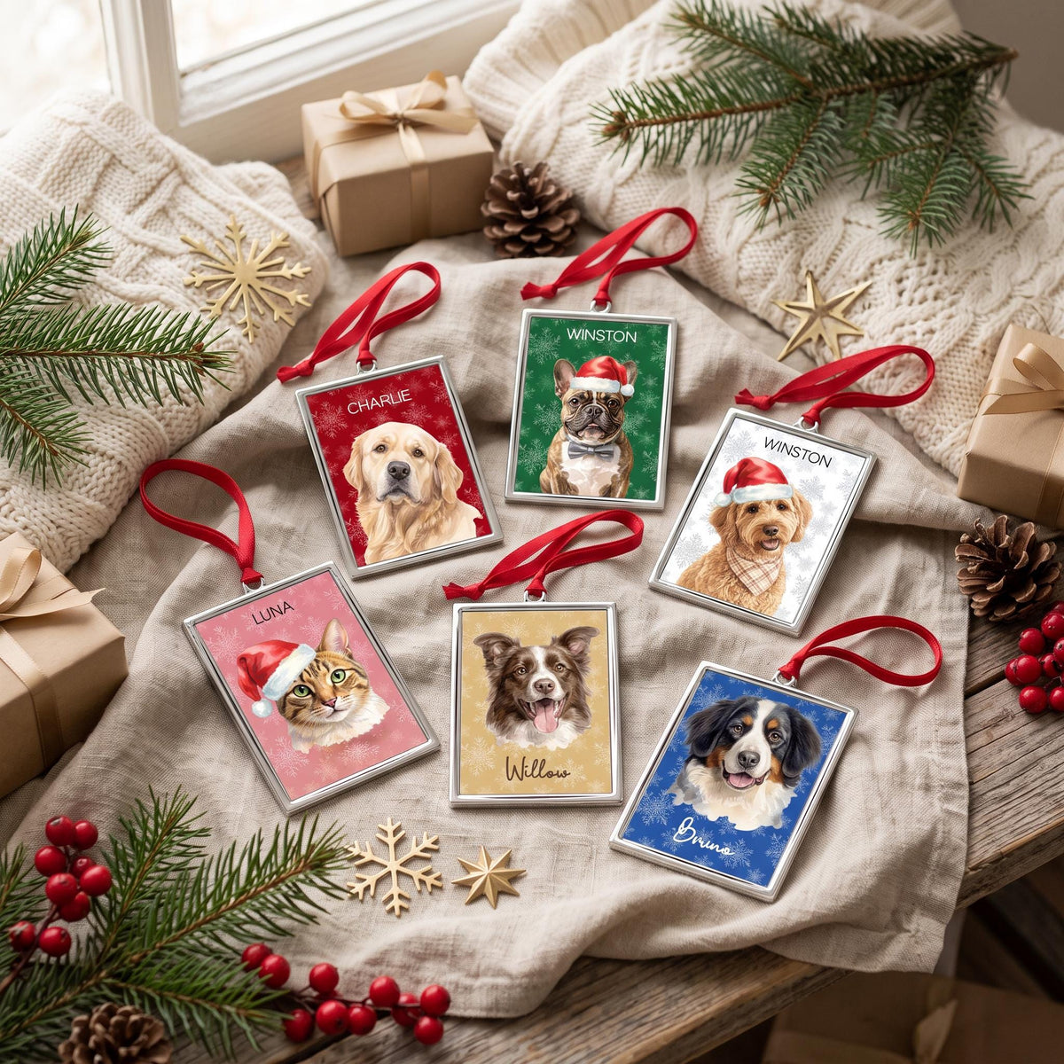 Custom Pet Portrait Ornament, Watercolor Metal 3.5" x 2.30" Frame