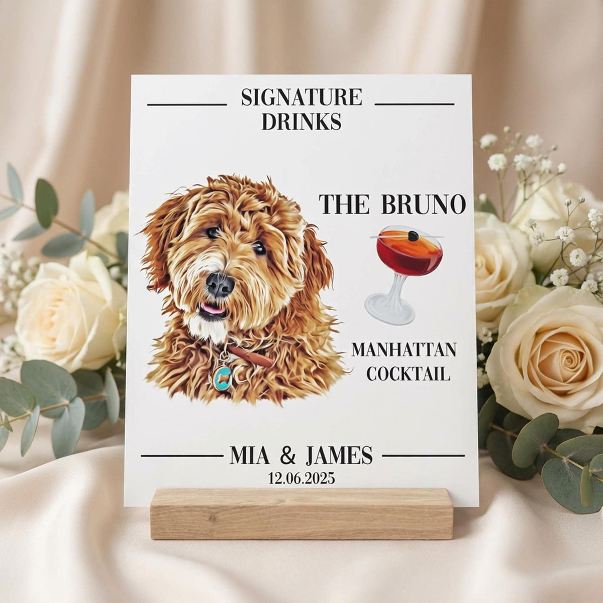 Custom Pet Drink Sign, Watercolour Wedding Bar Plaque, Oak Stand.
