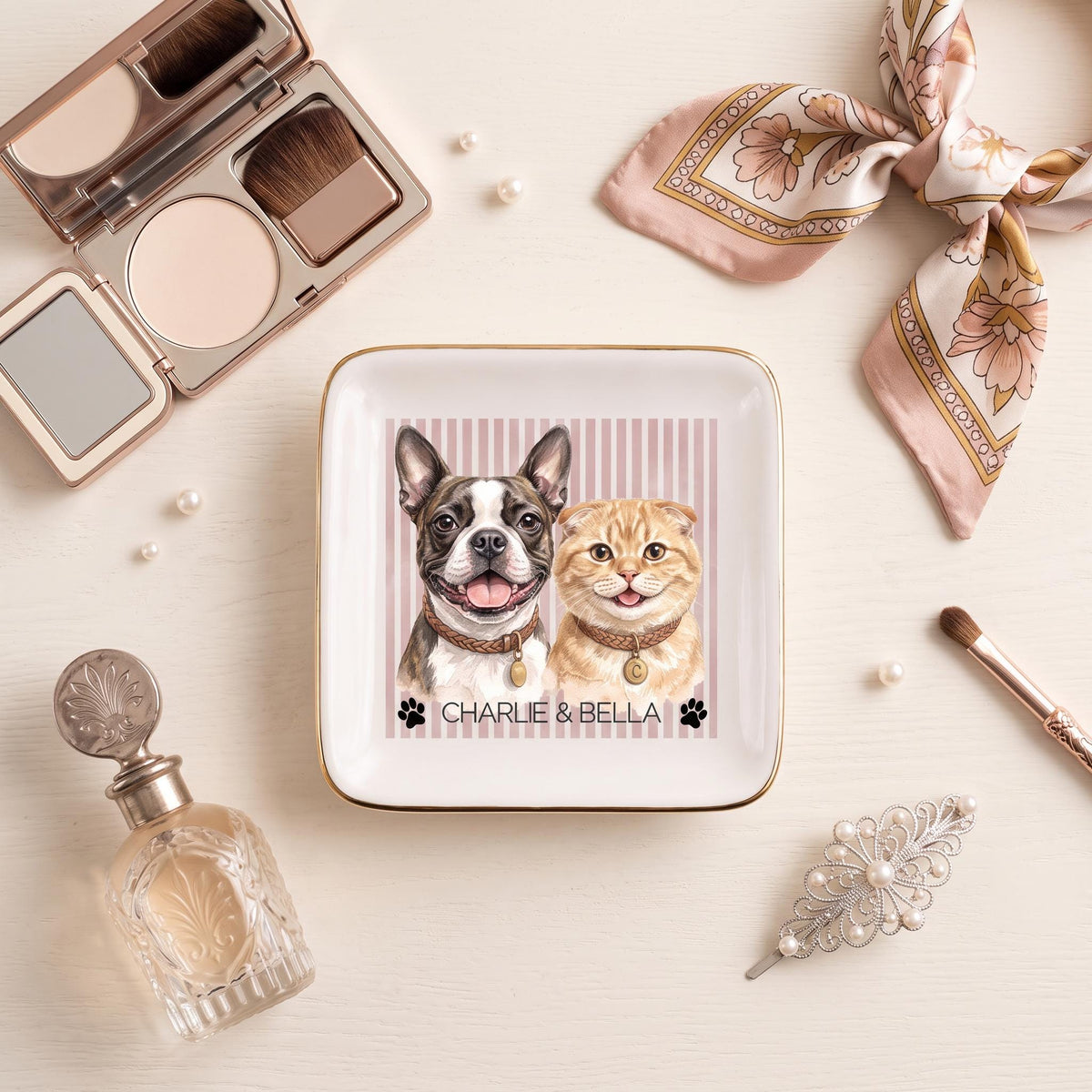 custom pet jewelry dish, Personalized Dog Photo Ceramic Tray Gold