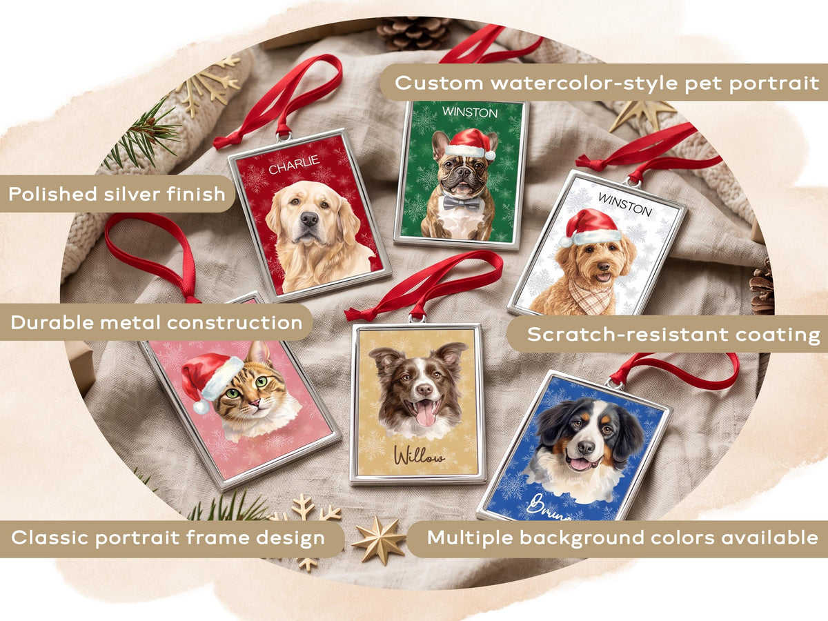 Custom Pet Portrait Ornament, Watercolor Metal 3.5" x 2.30" Frame