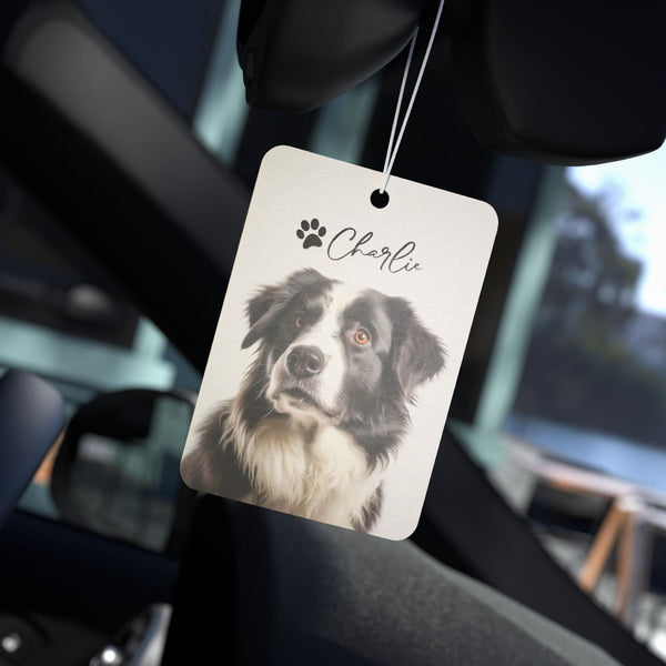 Custom car air freshener featuring a portrait of a Border Collie with the name 'Charlie' and a paw print design. A personalized gift idea for pet lovers, dog dads, or cat owners, adding a unique and thoughtful touch to any vehicle.