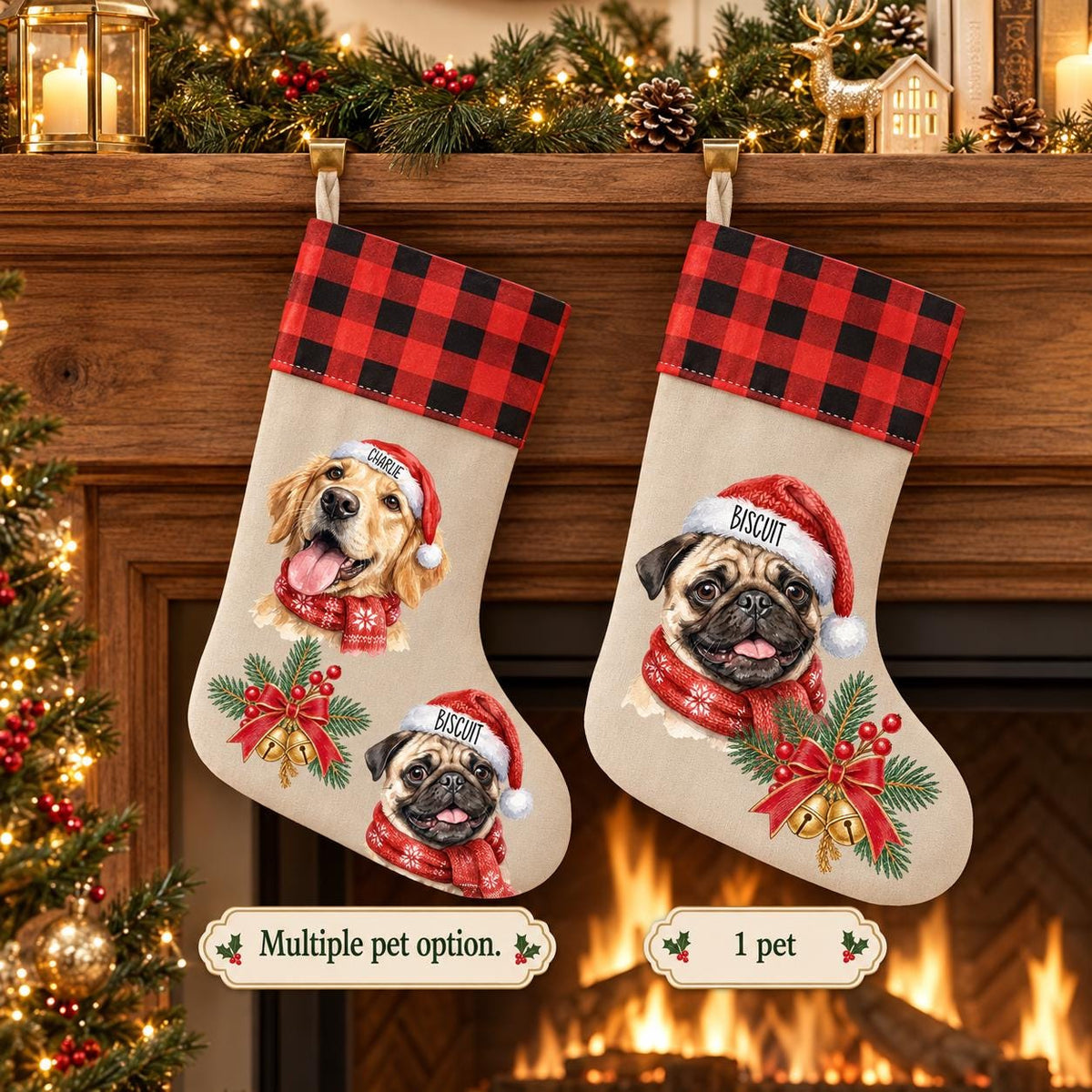 Custom Pet Christmas Stocking, Watercolor Pet Photo, Linen Plaid!