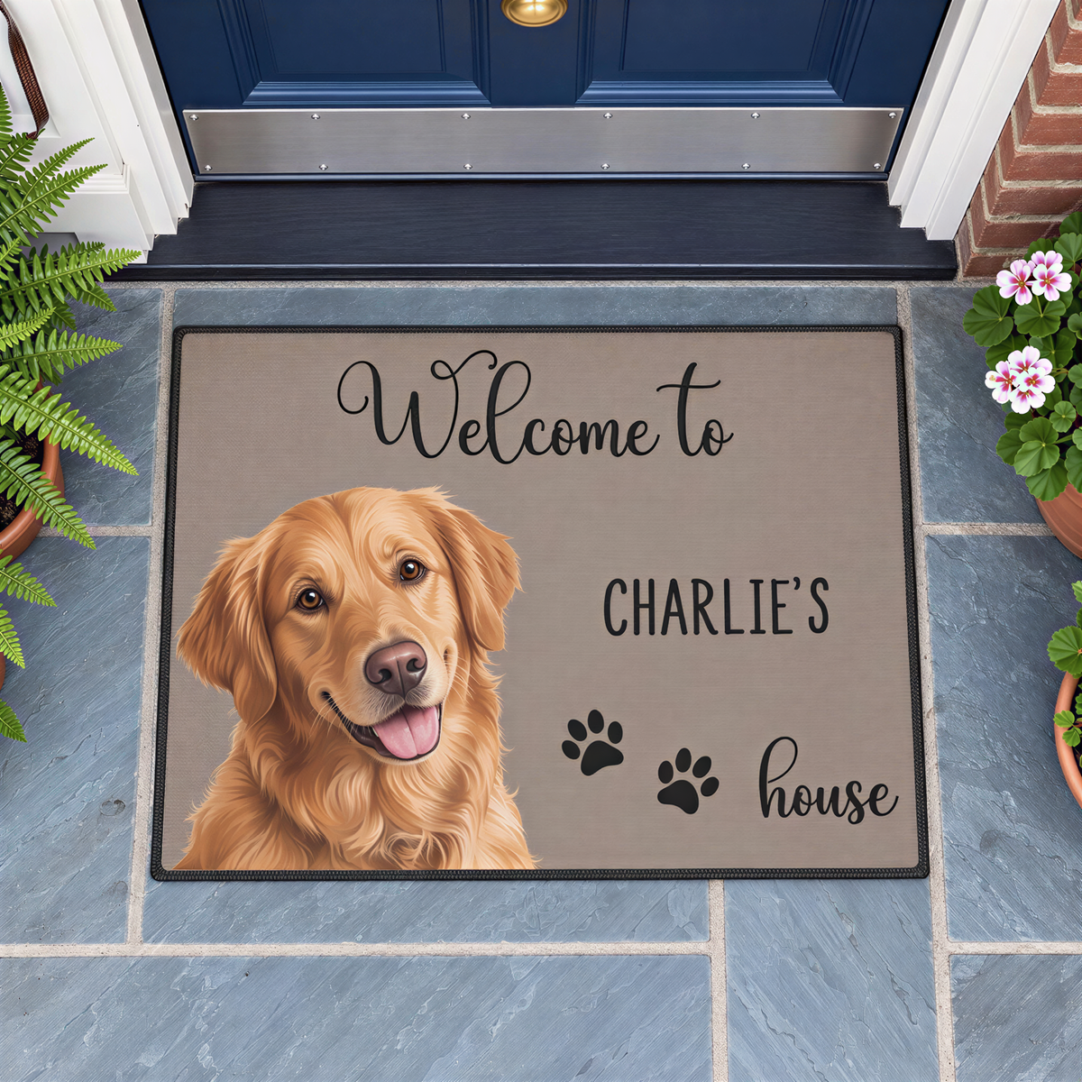 A welcome mat with a picture of a golden retriever dog and the text "Welcome to Charlie's house" printed on it.
