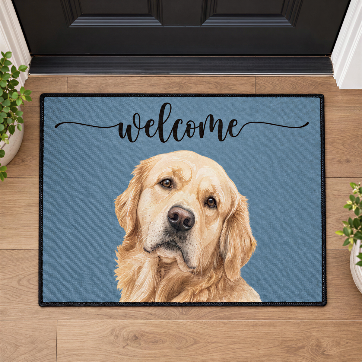 A welcome mat featuring a close-up of a golden retriever dog's face, with the word "welcome" written above it.