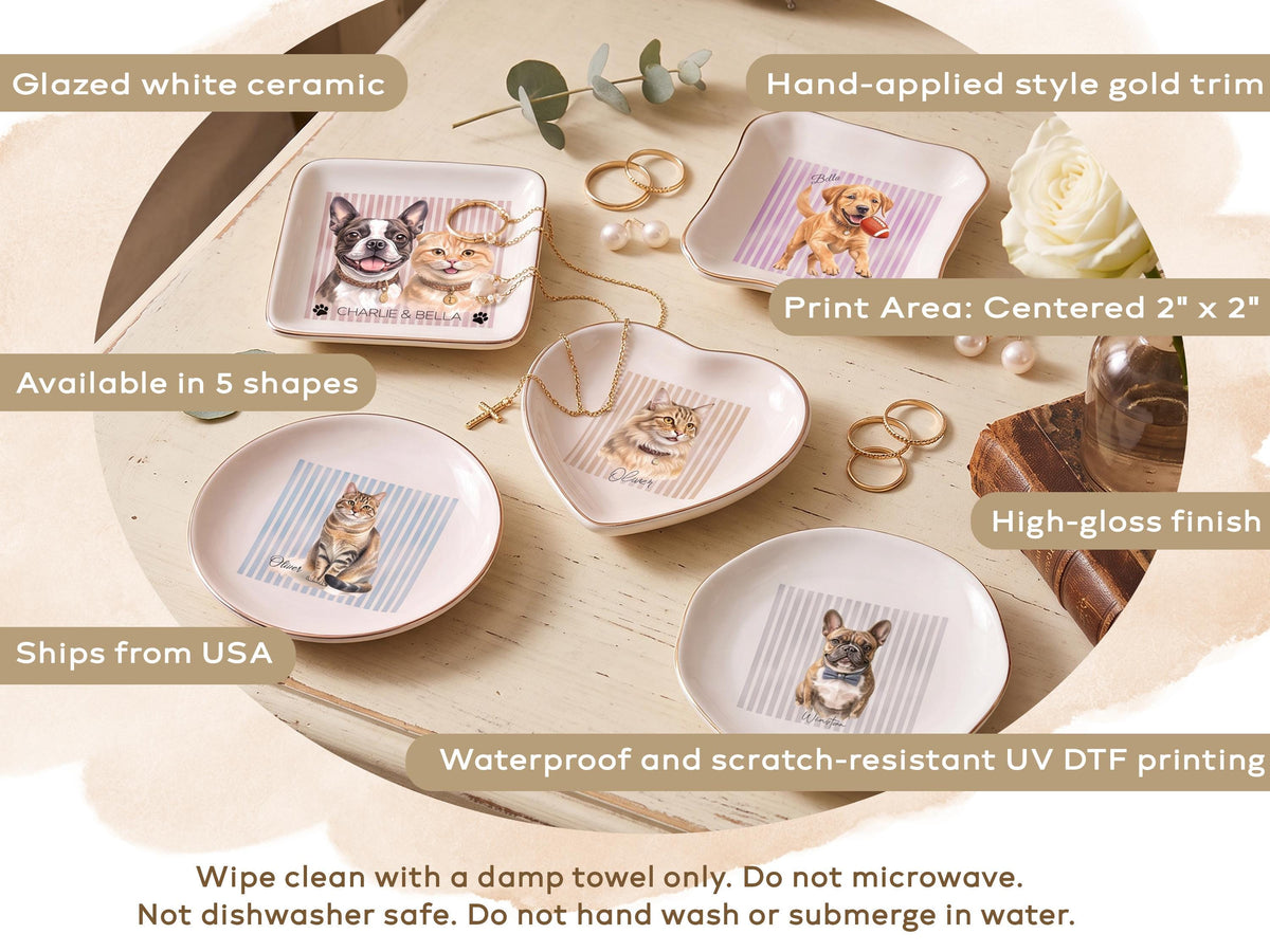custom pet jewelry dish, Personalized Dog Photo Ceramic Tray Gold