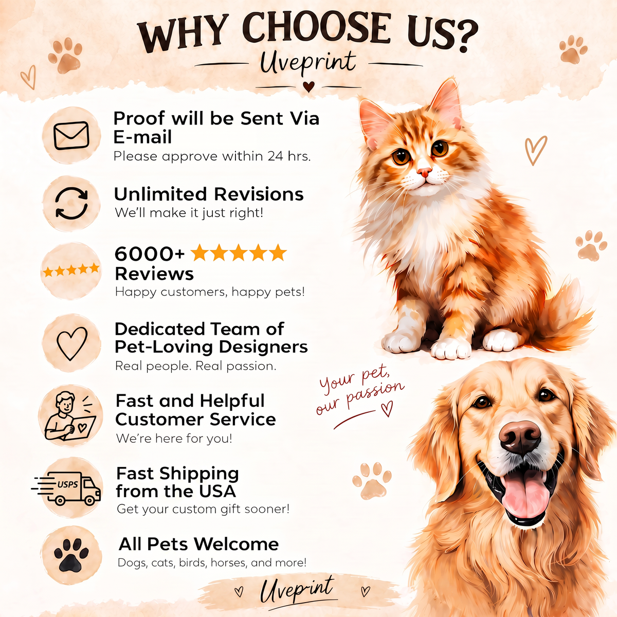 The image is a promotional poster for a pet-related business, featuring a cat and a dog. The poster highlights the benefits of choosing the business, such as a proof of email, unlimited reviews, a dedicated team of pet-loving designers, a fast and helpful customer service, fast shipping from the USA, and a welcoming atmosphere for all pets.