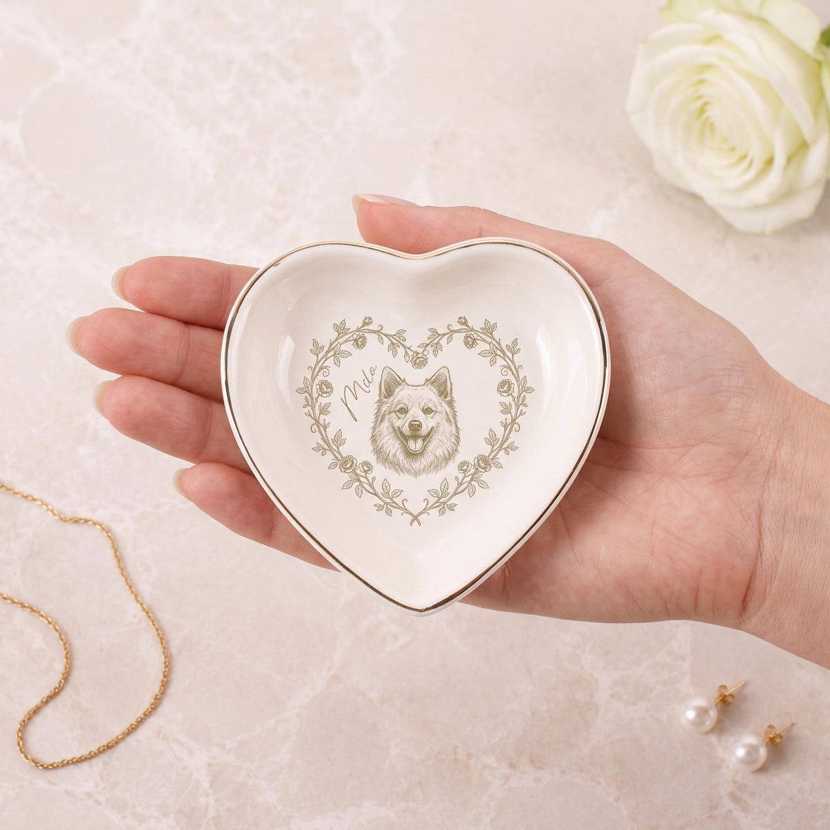 Custom Pet Jewelry Dish Toile De Jouy Dog Mom Photo Tray 2x2 Gold