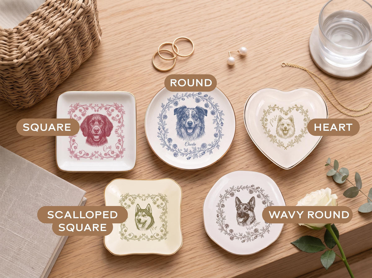 Custom Pet Jewelry Dish, Toile De Jouy Ceramic Trinket Tray, Gold