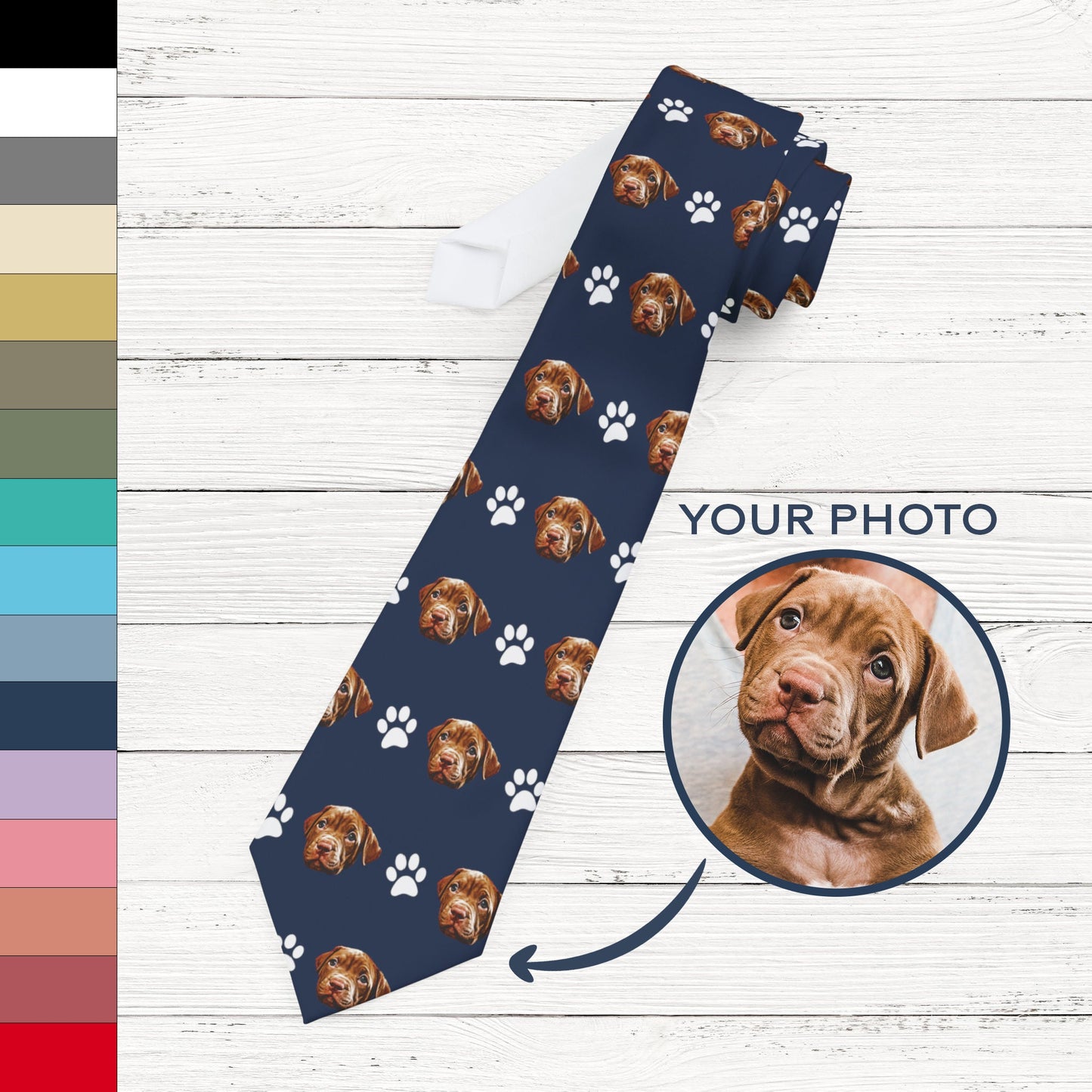 Custom pet necktie featuring a personalized photo of a puppy and paw print pattern. A unique gift for Father's Day, weddings, or any special occasion.