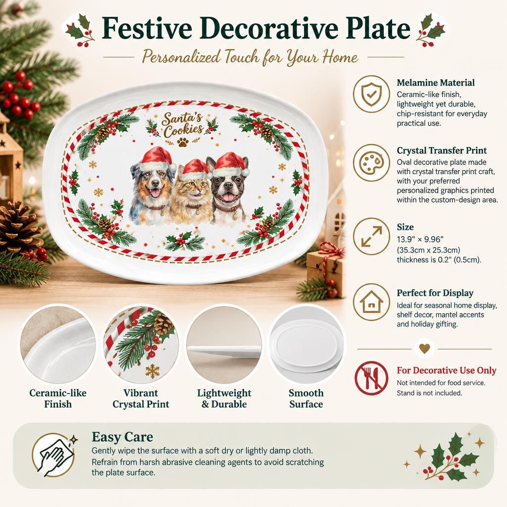 Custom Pet Christmas Plate, Personalized 13.9×9.96in Melamine For