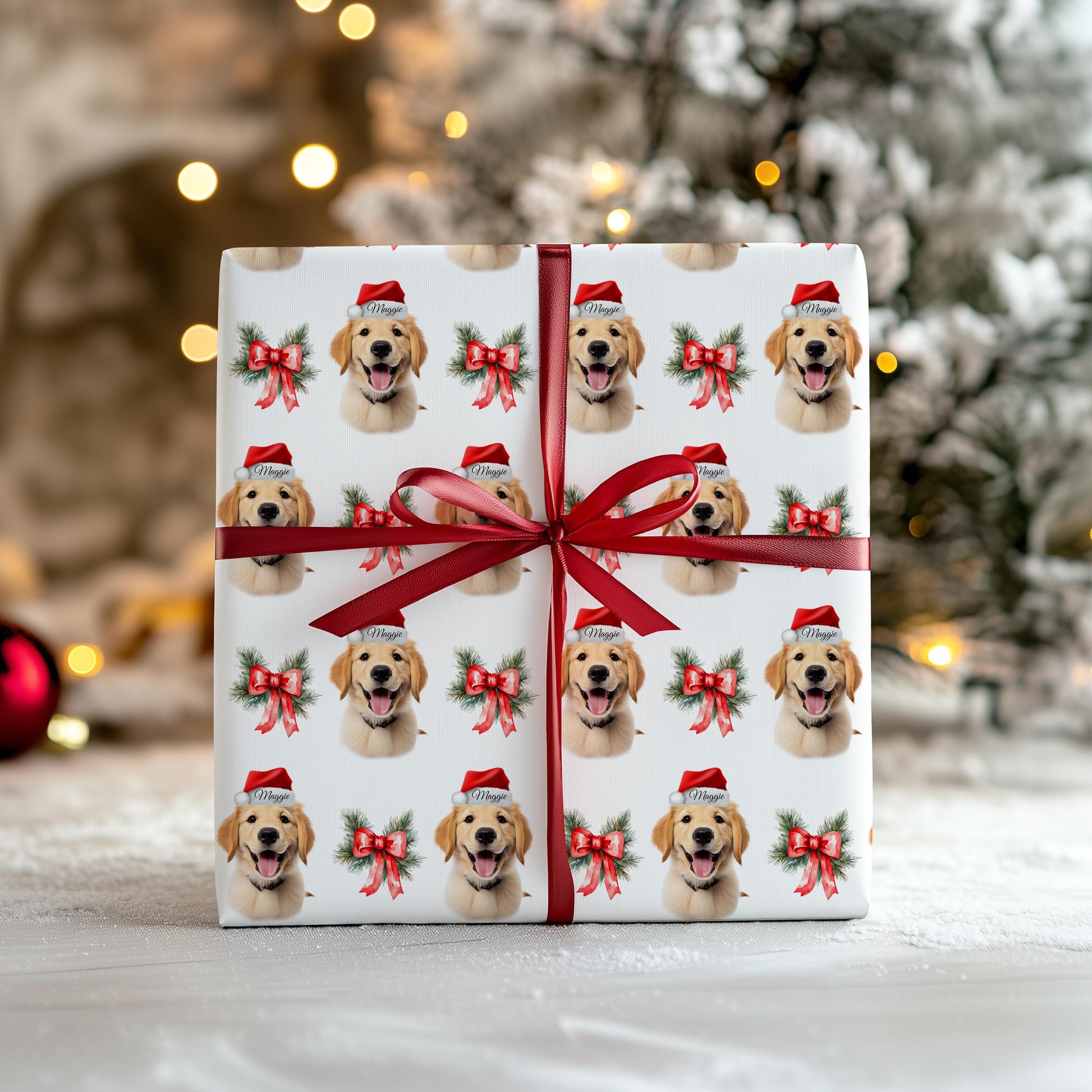 Personalized Christmas wrapping paper featuring repeating pattern of a golden retriever dog wearing a Santa hat and festive red holiday bows with pine greenery, gift box wrapped with red ribbon in cozy snowy Christmas setting