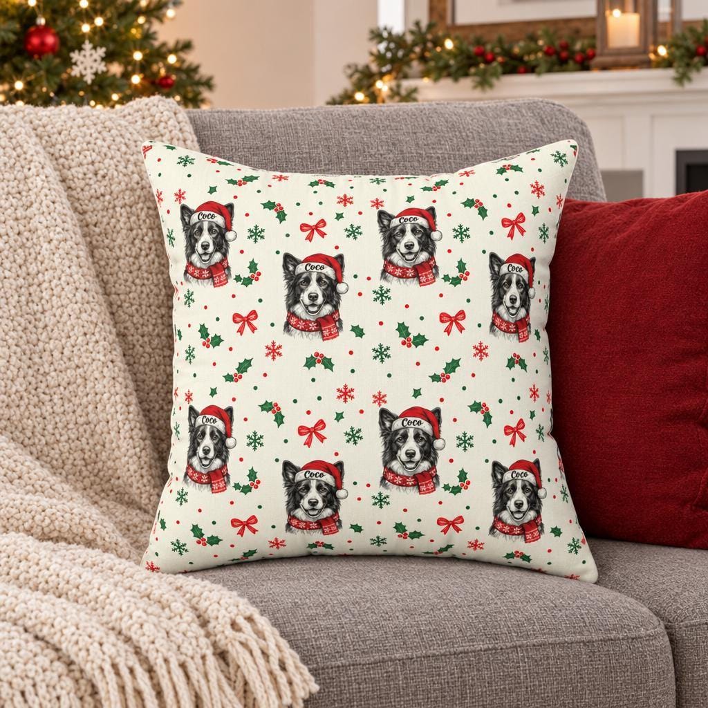 A decorative pillow with a repeating pattern of a dog wearing a Santa hat and scarf, surrounded by Christmas-themed elements such as snowflakes, holly leaves, and red bows.