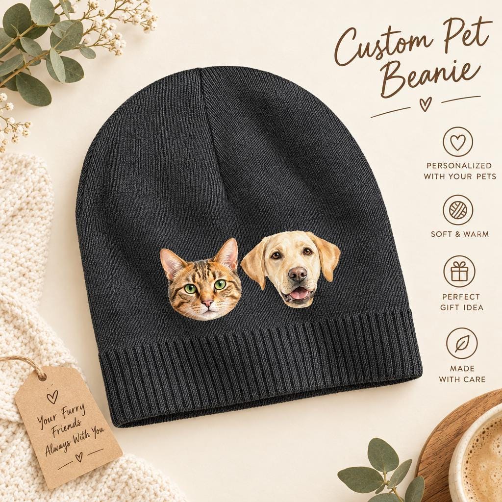 Custom Pet Beanie, Personalized Photo Dog Portrait Hat, Cozy Gift