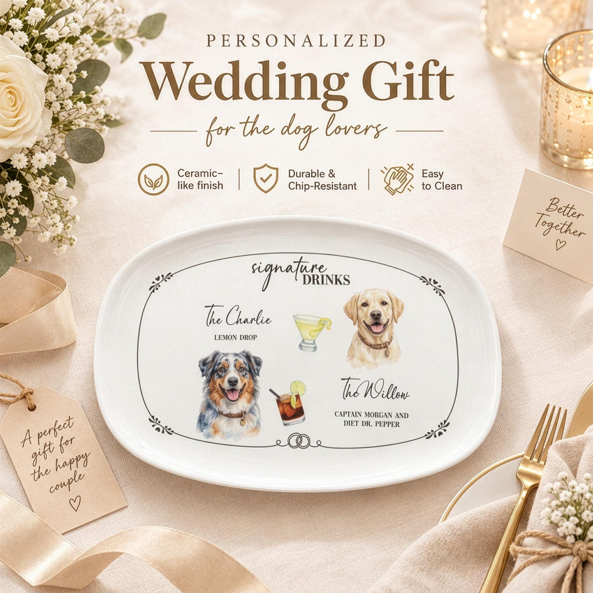 Custom Pet Wedding Sign, Watercolor Pet Drink Plate 13.9x9.96 In.