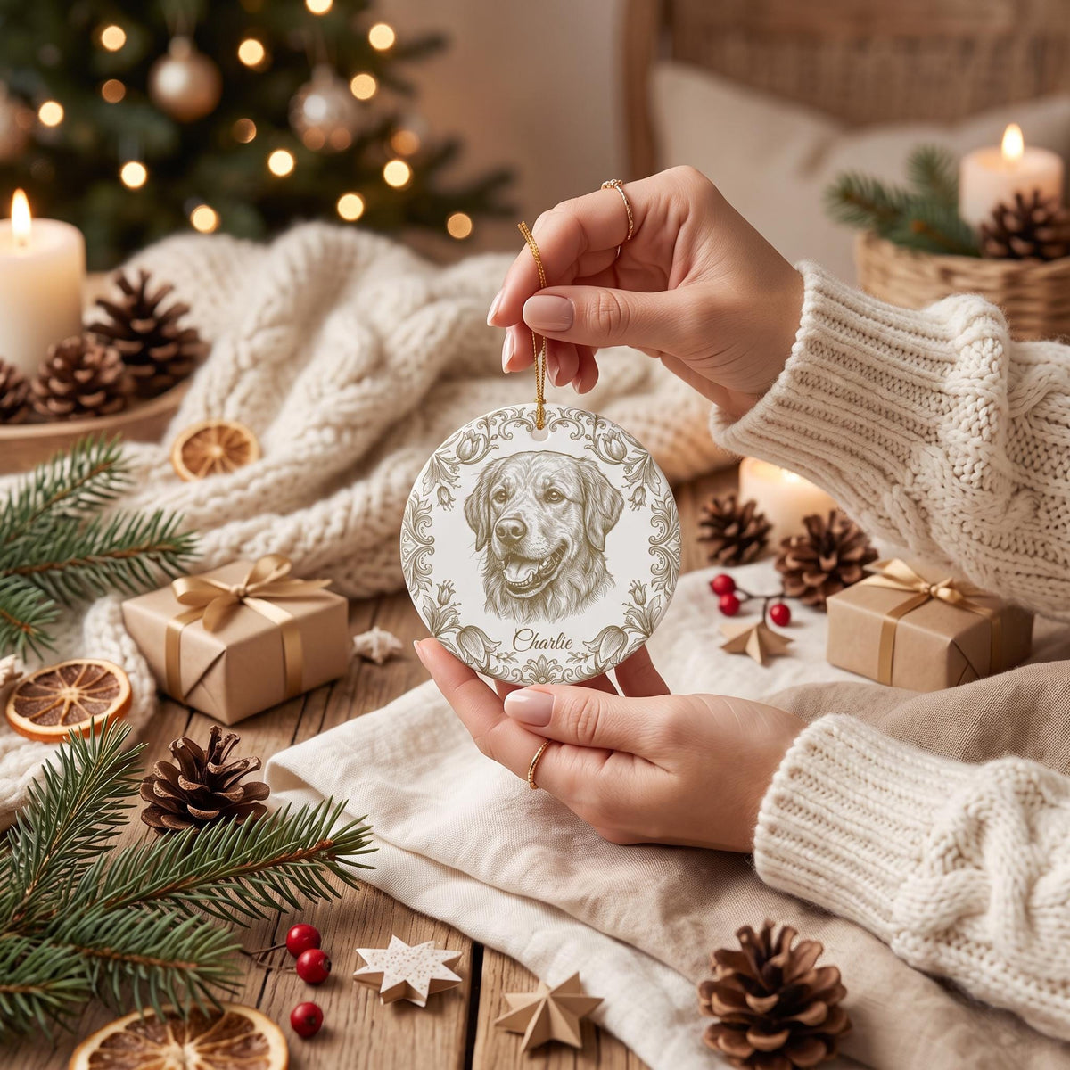 Custom Pet Photo Ornament, Toile De Jouy Porcelain 3 mm, Keepsake