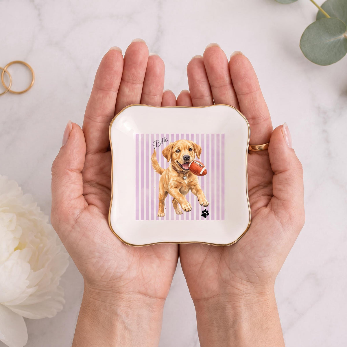custom pet jewelry dish, Personalized Dog Photo Ceramic Tray Gold