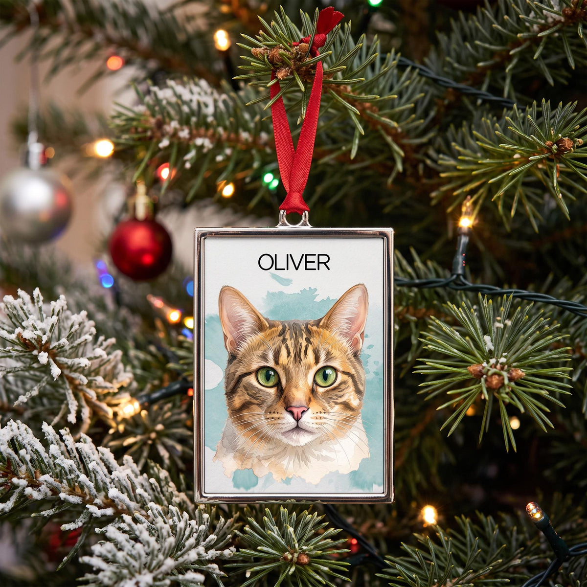 custom pet portrait ornament, Watercolor Metal Ornament 3.5x2.3in