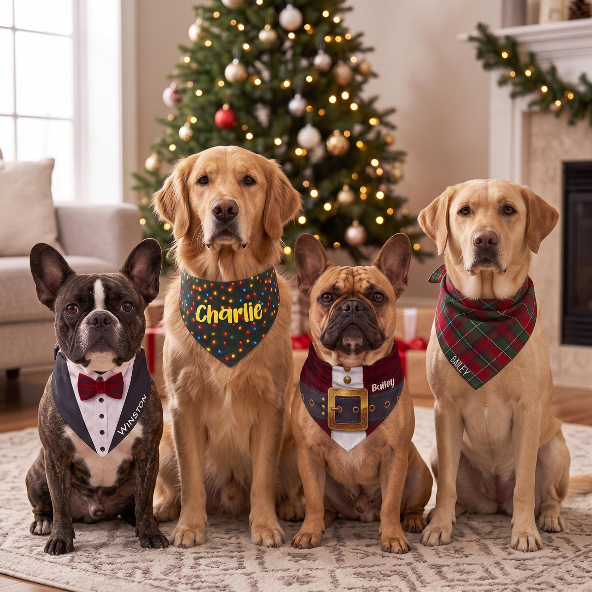 Personalized Christmas Dog Bandana, Embroidered Name, Sizes S-XL.