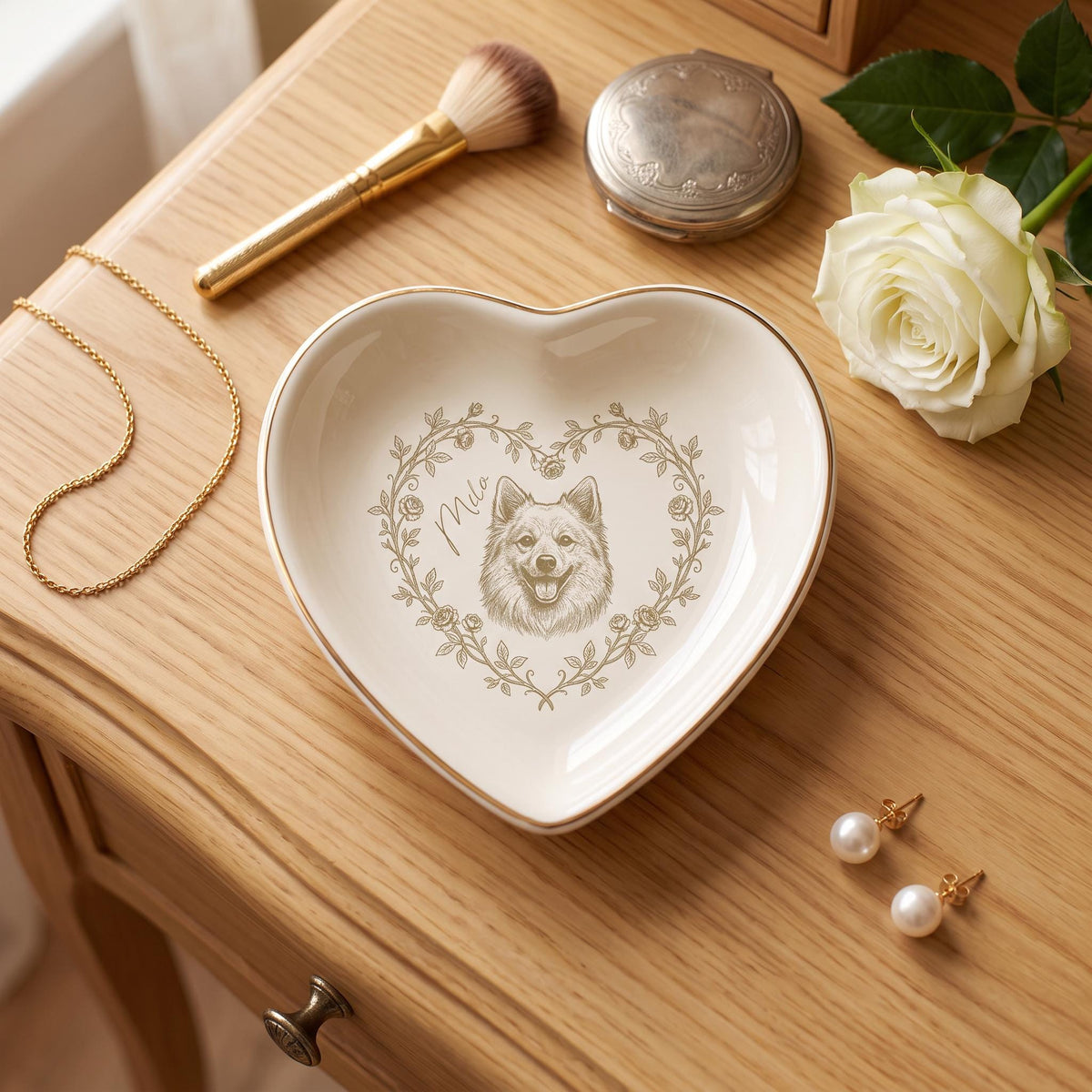 Custom Pet Jewelry Dish Toile De Jouy Dog Mom Photo Tray 2x2 Gold