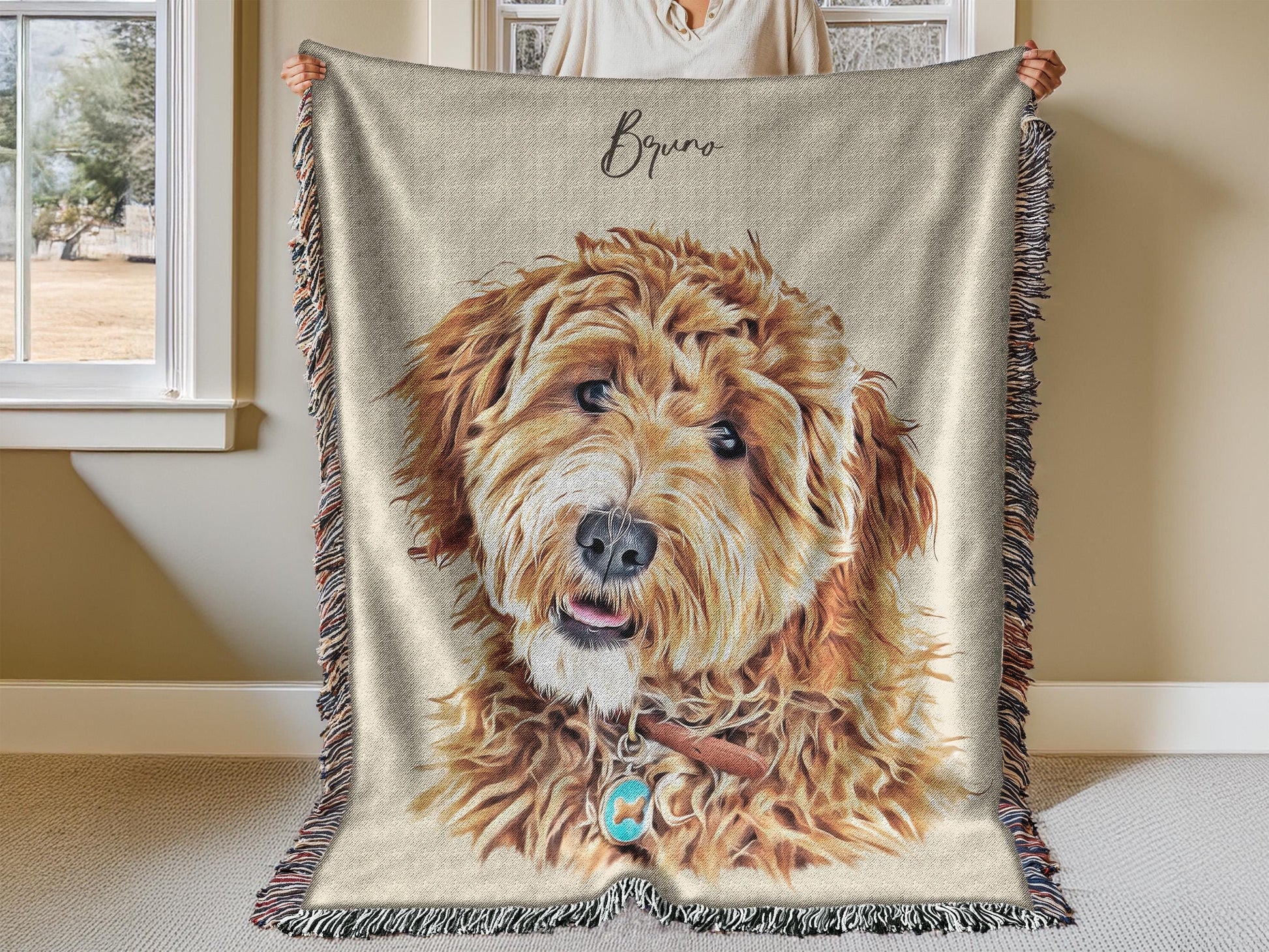 A custom woven blanket featuring a detailed portrait of a fluffy brown dog named Bruno. The soft, fringed throw has a neutral background and showcases a lifelike pet illustration, making it a cozy and personalized keepsake or memorial gift.