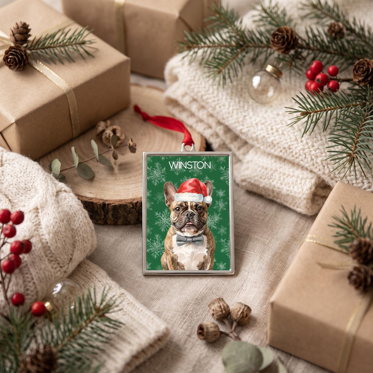 Custom Pet Portrait Ornament, Watercolor Metal 3.5" x 2.30" Frame