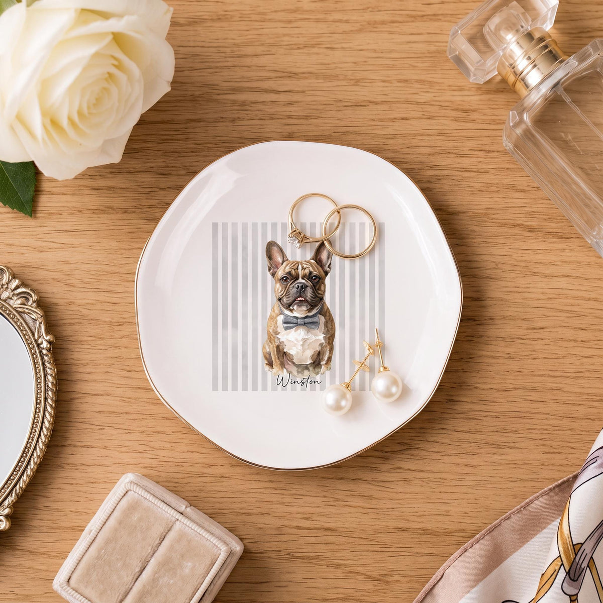 custom pet jewelry dish, Personalized Dog Photo Ceramic Tray Gold