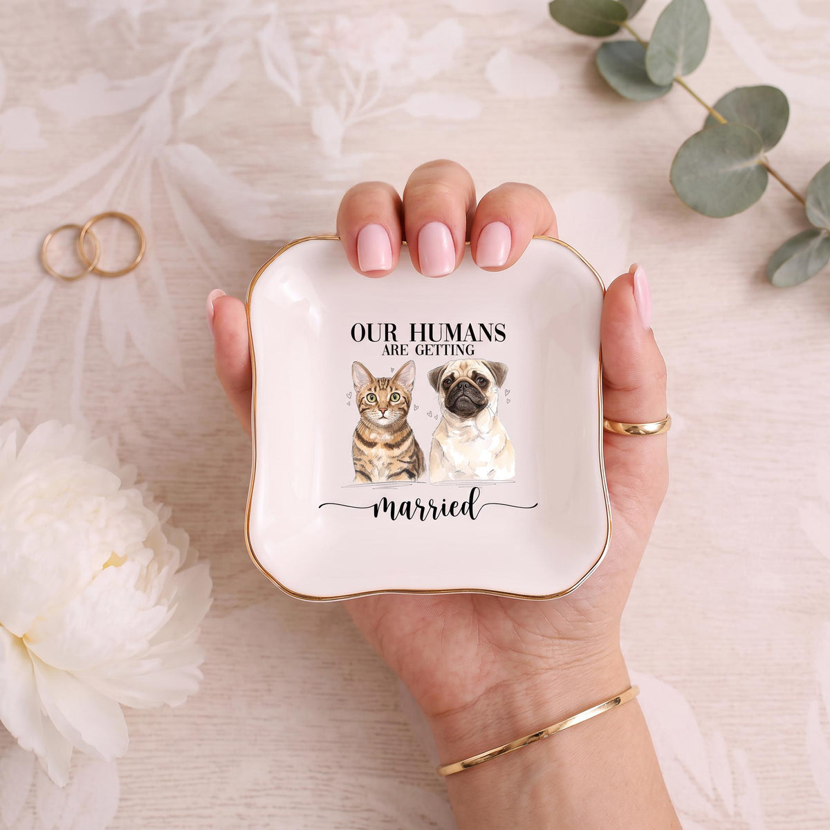 Custom Pet Jewelry Dish, Personalized 2x2 Ceramic Ring Tray, Gold