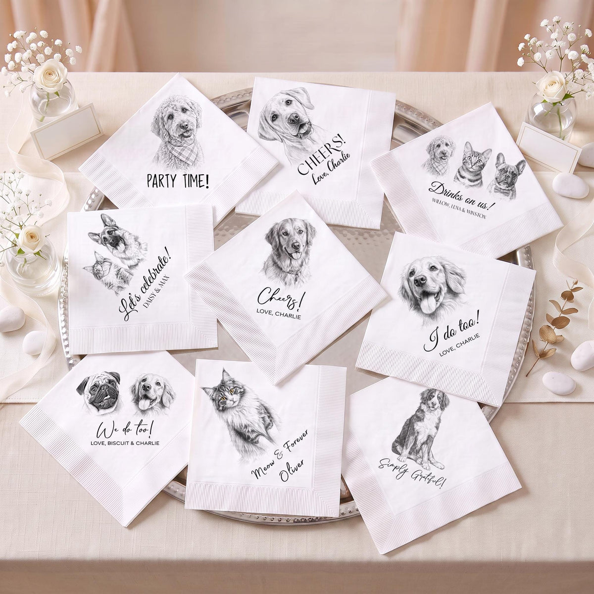 custom pet cocktail napkins', Dog Or Cat Sketch Napkins, 4.8" Wed