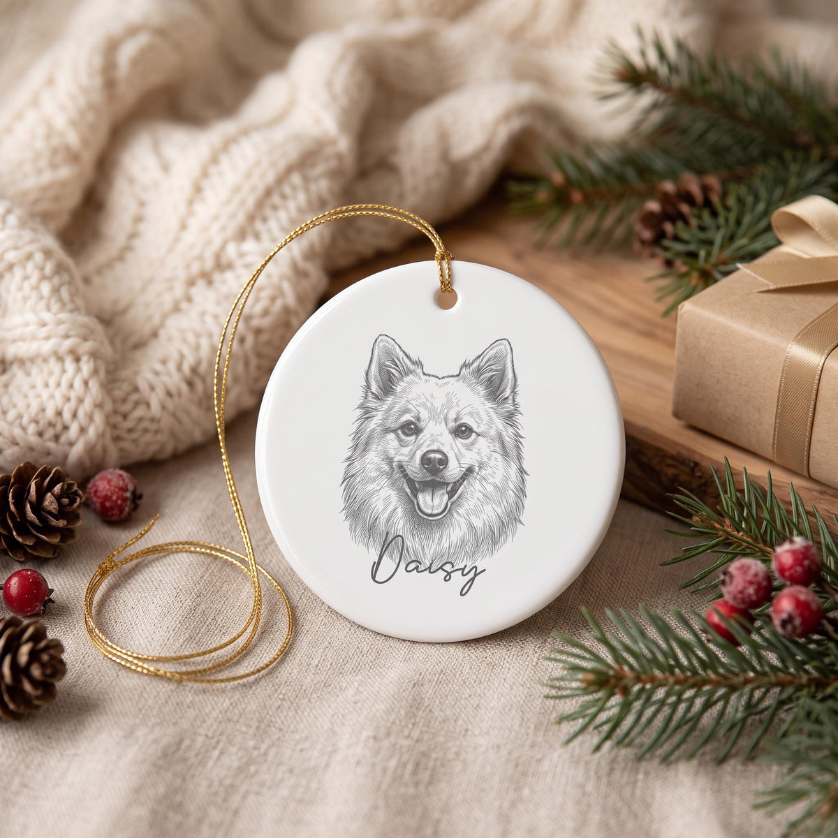 Personalized Pet Ornament, Handmade Round Ceramic Sketch Portrait