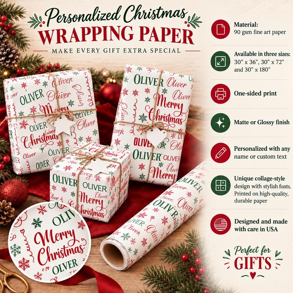 Personalized Name Wrapping Paper, Collage Designs, 30x72In Matte.