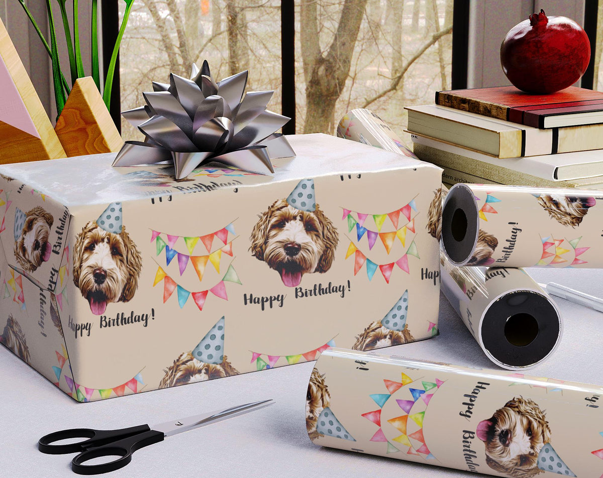 Custom birthday wrapping paper featuring a repeating dog face with a party hat, colorful bunting flags, and 'Happy Birthday!' text, perfect for personalized pet lover gift wrapping.