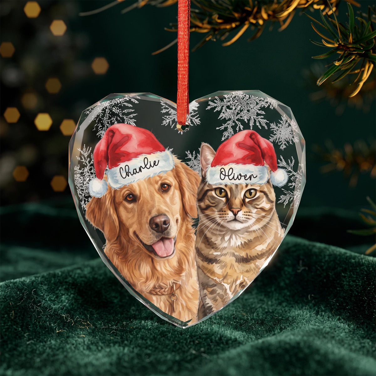 Custom Pet Ornament, Crystal Glass 3" Square Watercolor Snowflakes