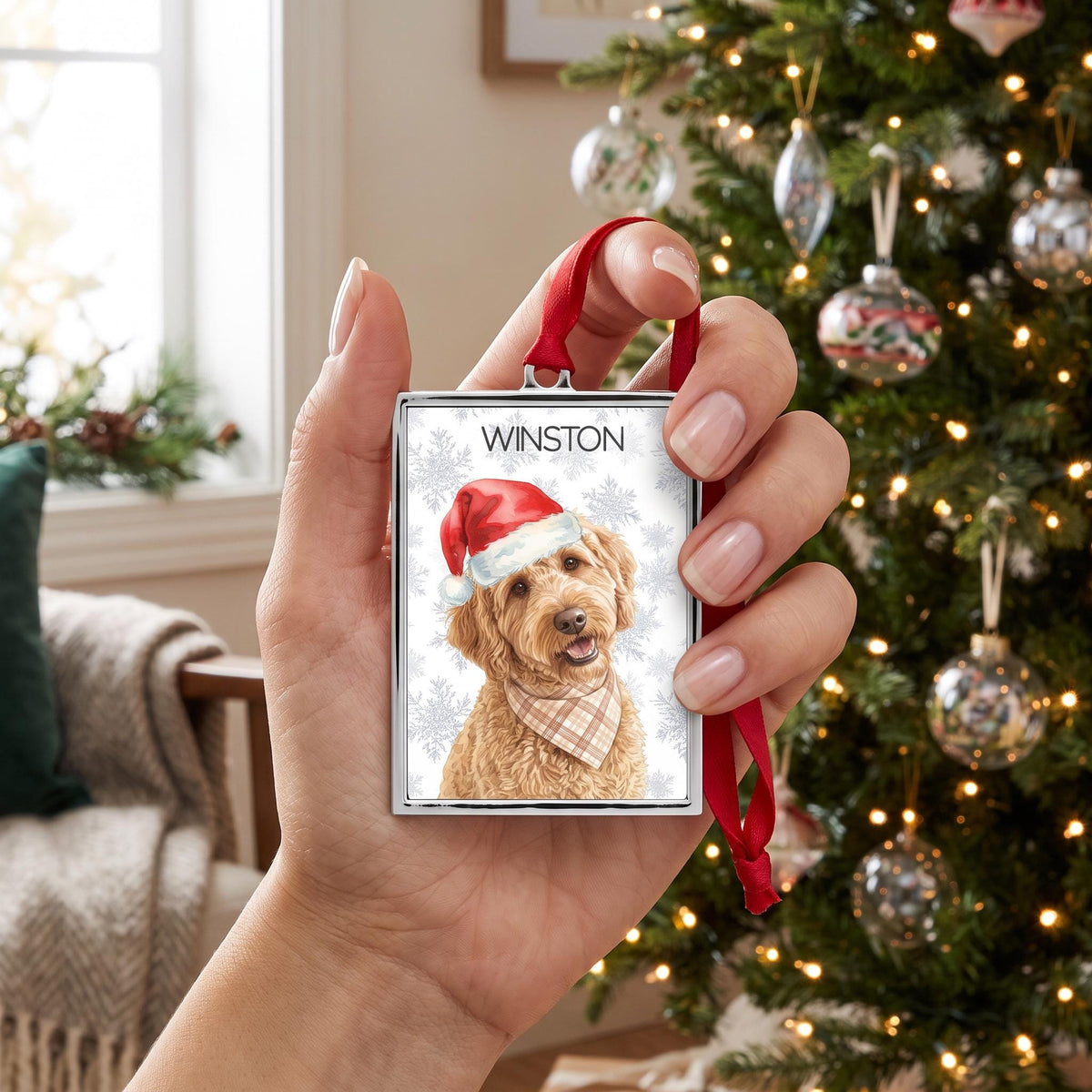 Custom Pet Portrait Ornament, Watercolor Metal 3.5" x 2.30" Frame