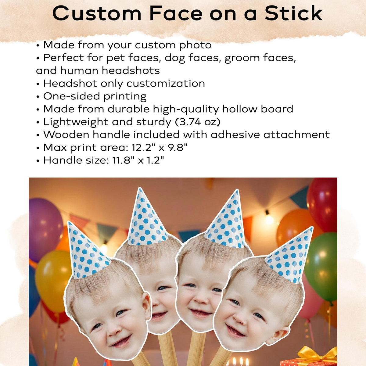 Custom Face On Stick, 12.2 x 9.8 Inch Big Head Cutout, Dog Photo!