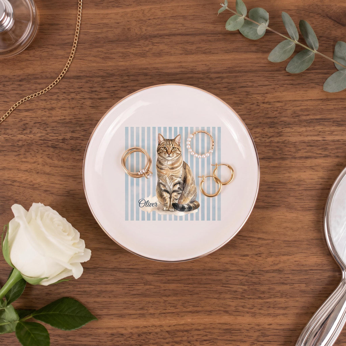 custom pet jewelry dish, Personalized Dog Photo Ceramic Tray Gold