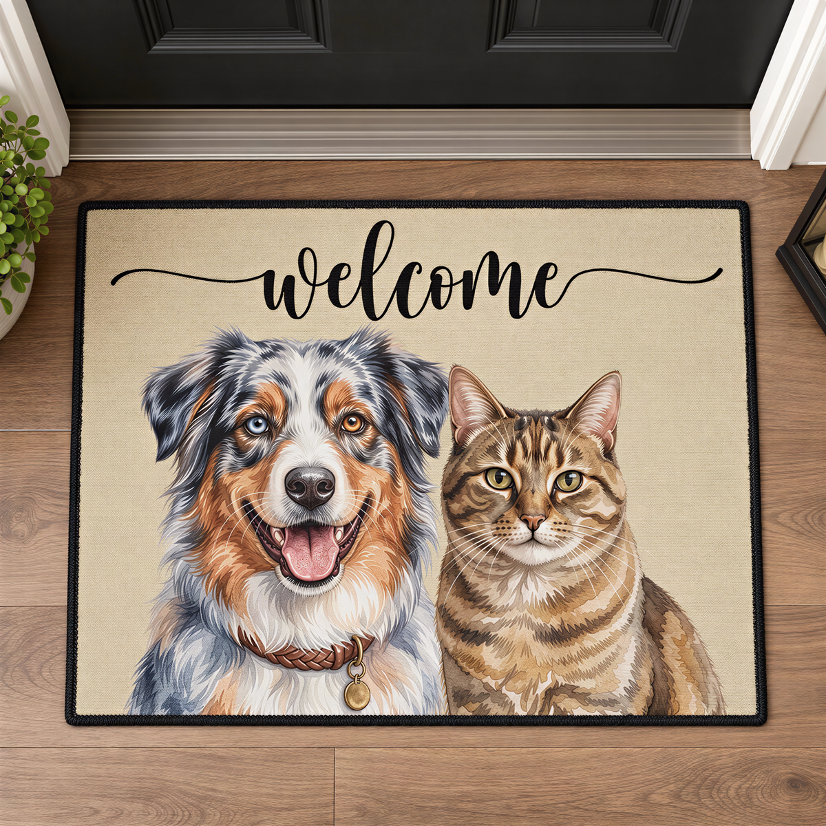 A welcome mat featuring a happy dog and a cat, with the word "welcome" written above them.