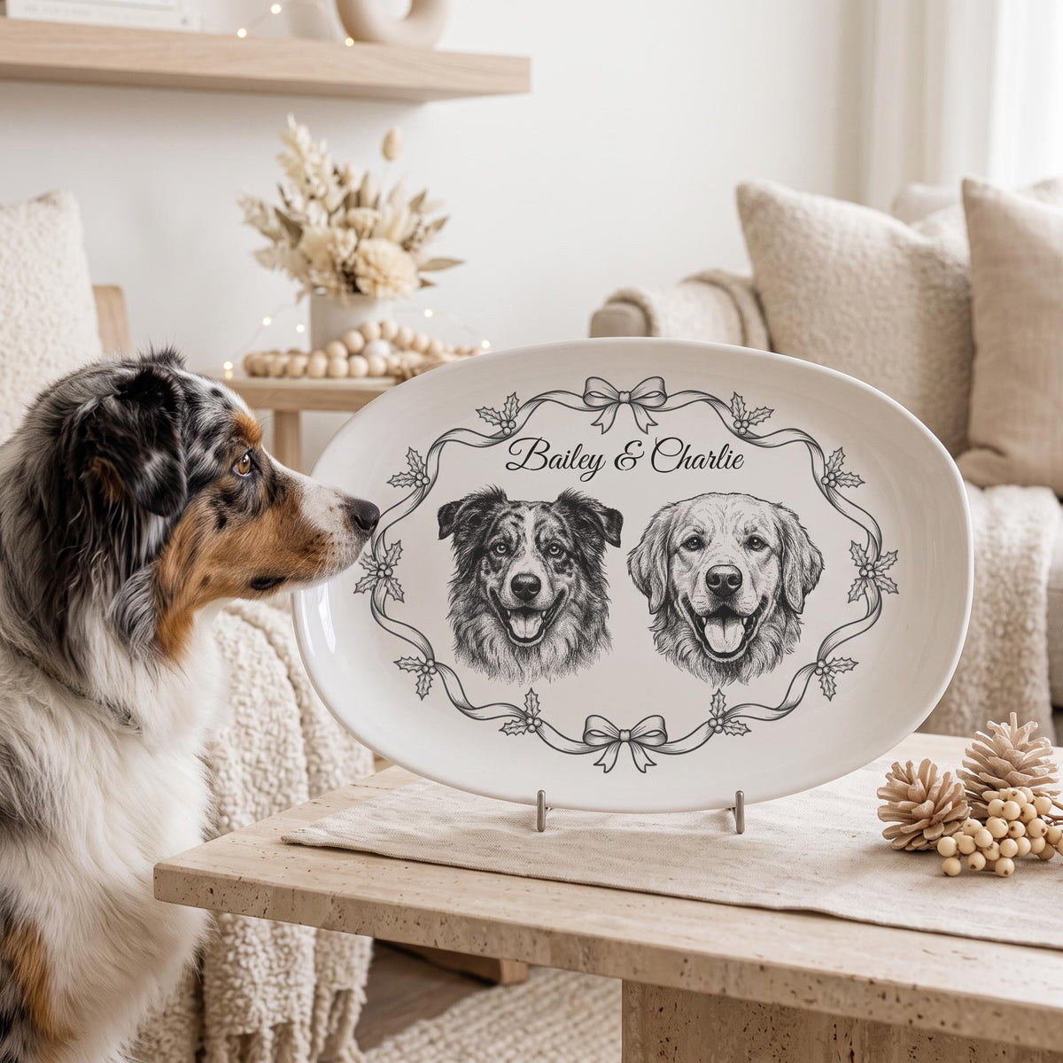 Custom Pet Christmas Plate, 13.9x9.96 Oval Melamine Personalized!