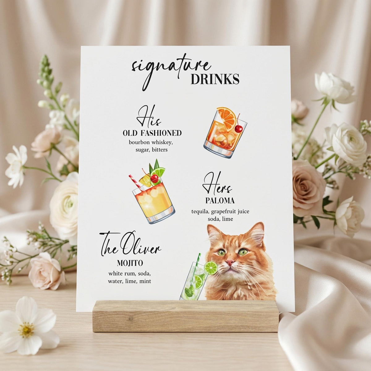 Custom Pet Drink Sign, Watercolour Wedding Bar Plaque, Oak Stand.