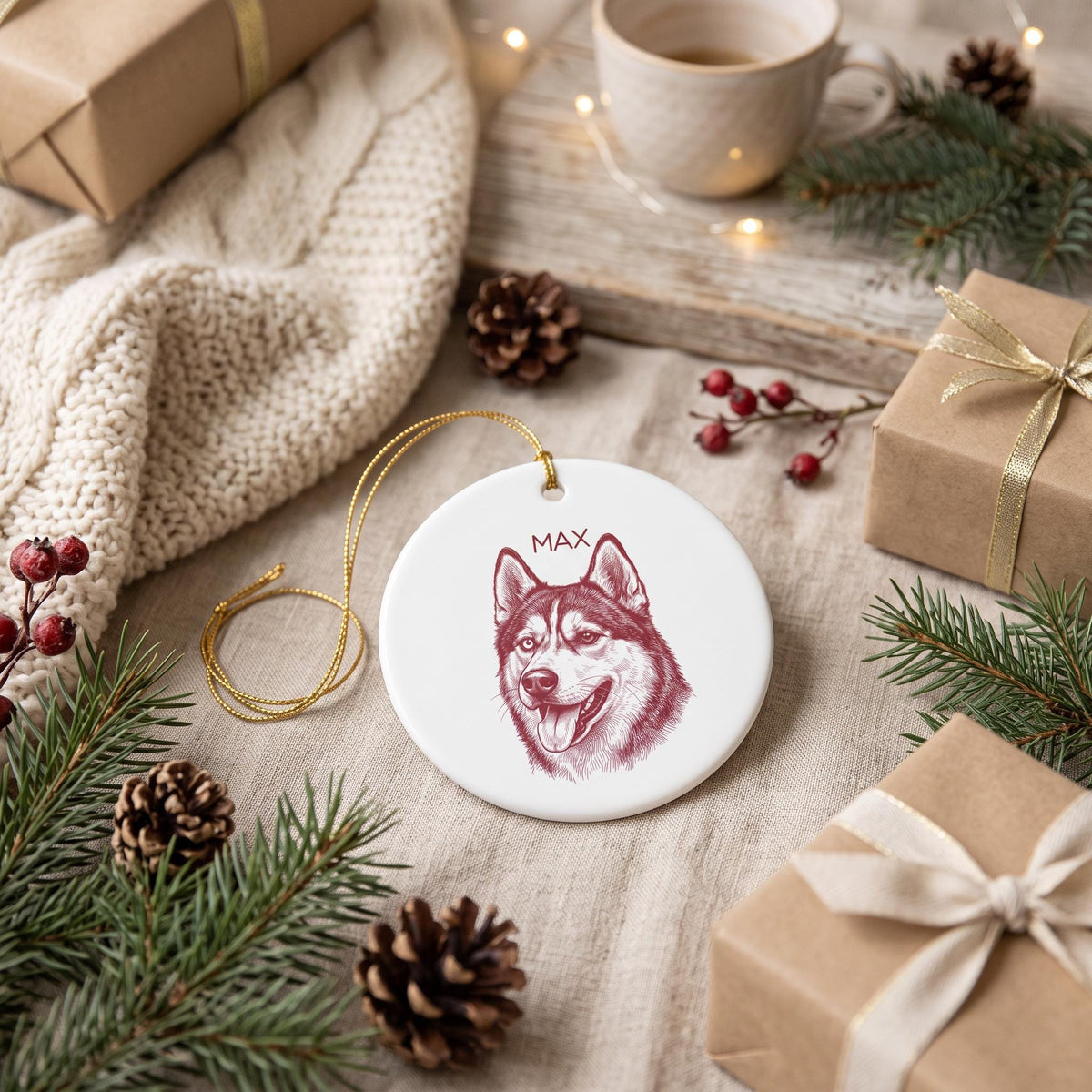 Personalized Pet Ornament, Handmade Round Ceramic Sketch Portrait