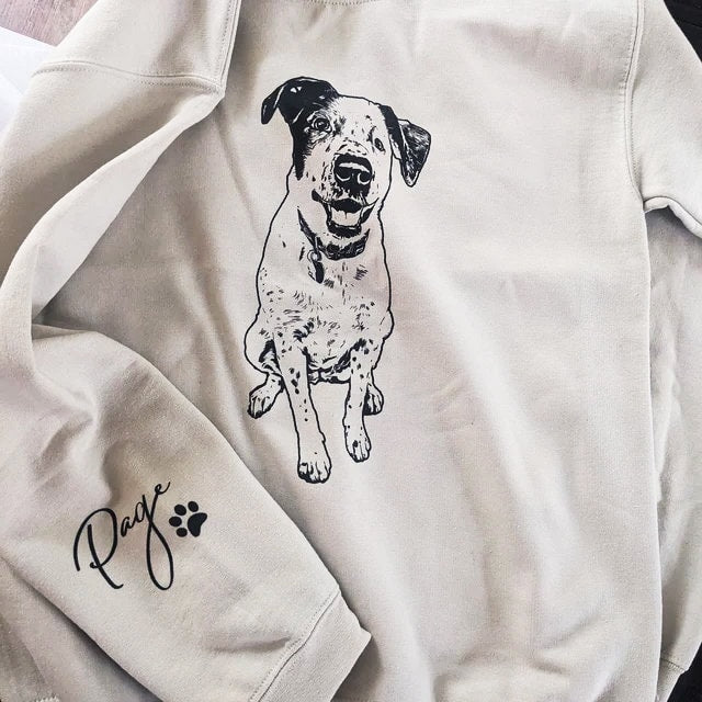 Custom Pet Portrait Sweatshirt, Photo Crewneck, Name On Sleeve XL