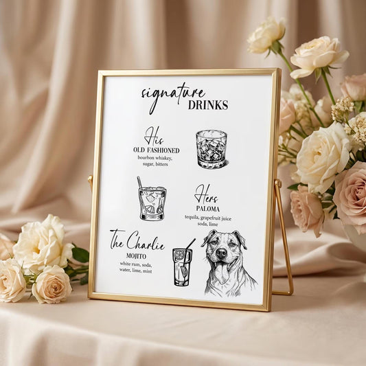 Custom Pet Drink Sign, Sketch Wedding Cocktail Plaque With Stand.