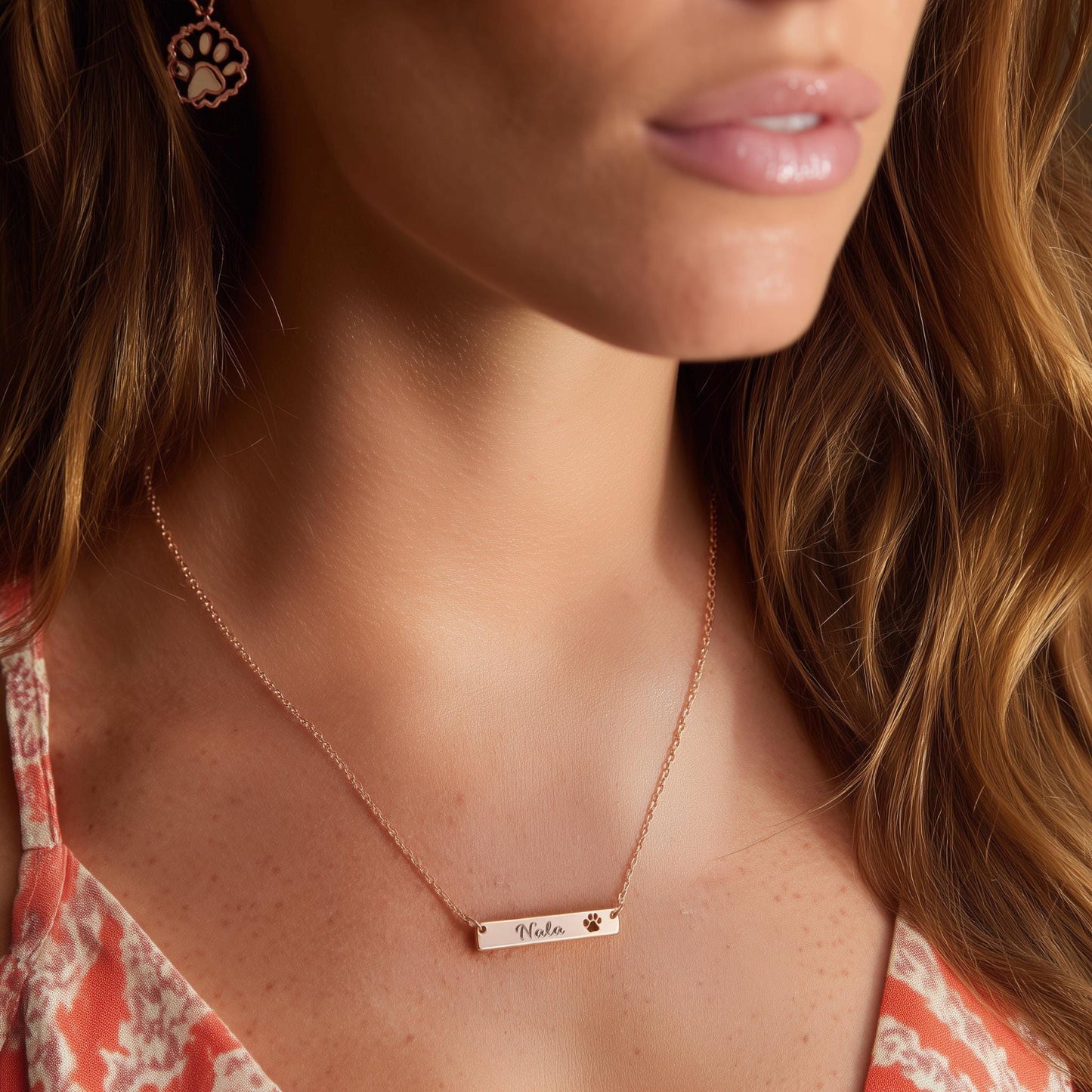 Rose gold bar necklace with engraved name and paw print – personalized pet jewelry for dog moms, custom memorial keepsake necklace, elegant gift for women.