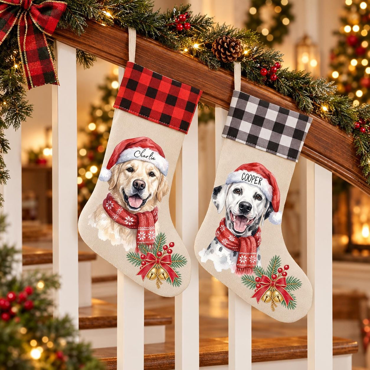Personalized Pet Stocking, Watercolor Dog And Cat Portrait, Linen