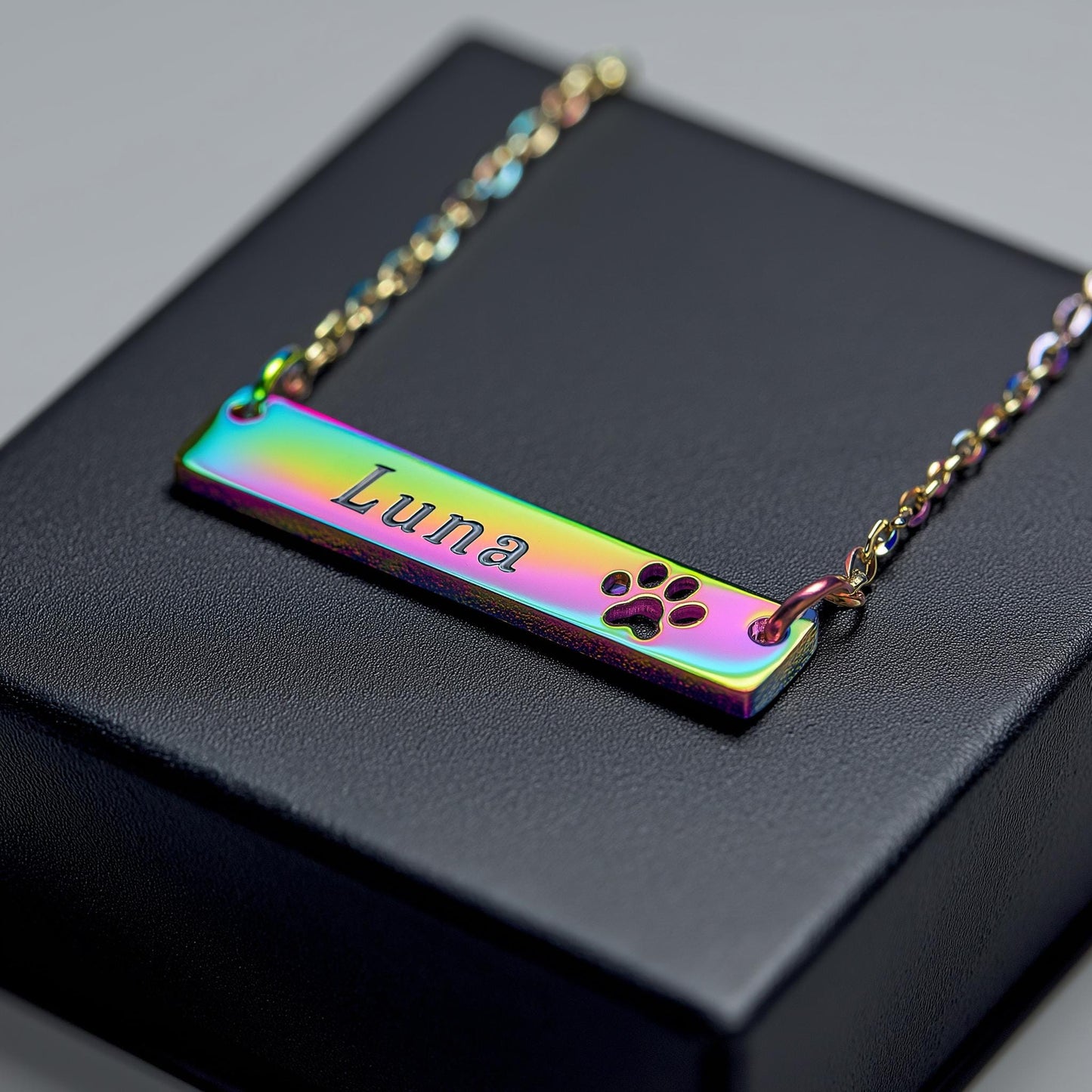 Custom Engraved Paw Bar Necklace with name, 18k Gold Personalized Minimalist Bar Necklace, Horizontal Bar Necklace, Dog Paw Print Necklace