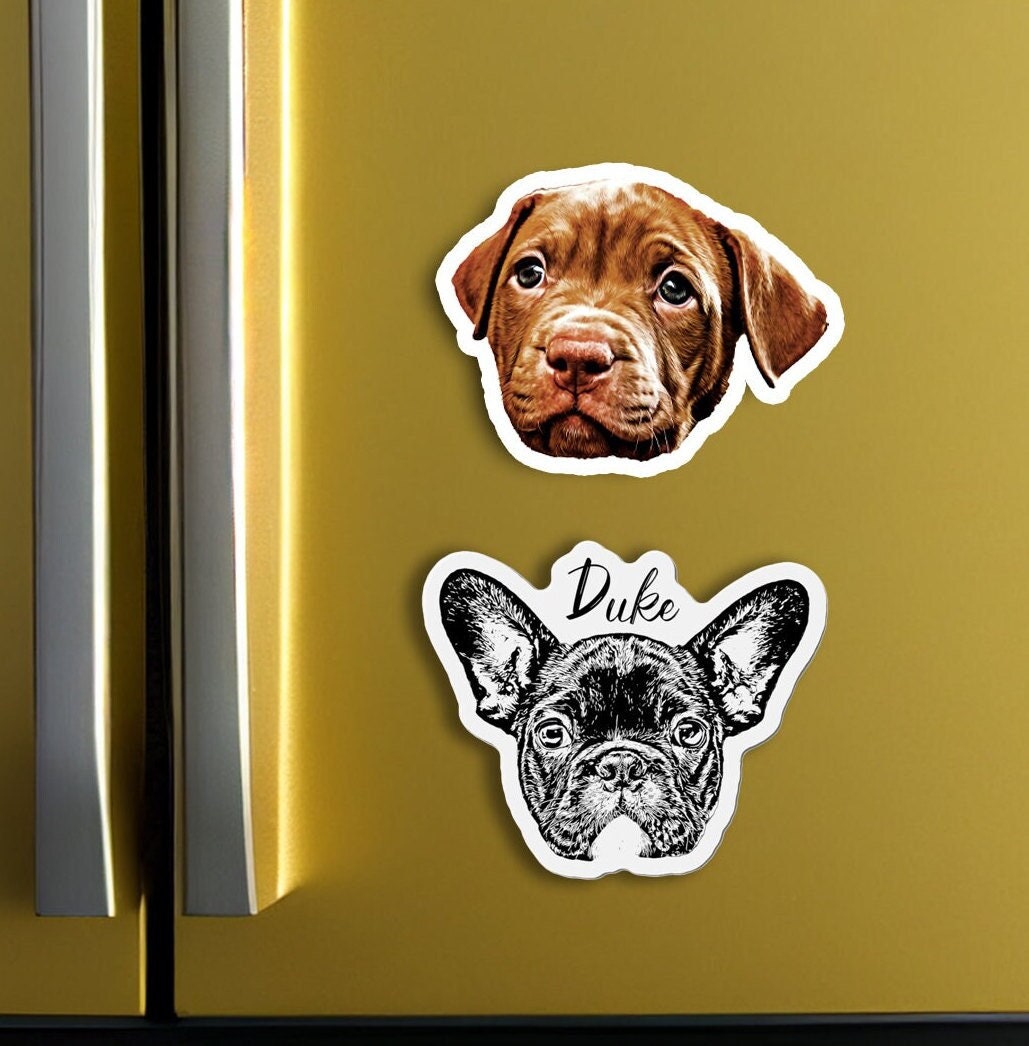 Custom pet magnets featuring a realistic puppy portrait and a detailed French Bulldog illustration with the name 'Duke,' displayed on a yellow fridge. Perfect personalized gift for pet lovers.