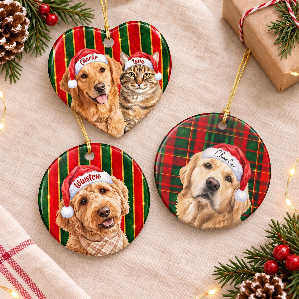 Custom Pet Christmas Ornament, Watercolor Portrait, 3.21in, Heart
